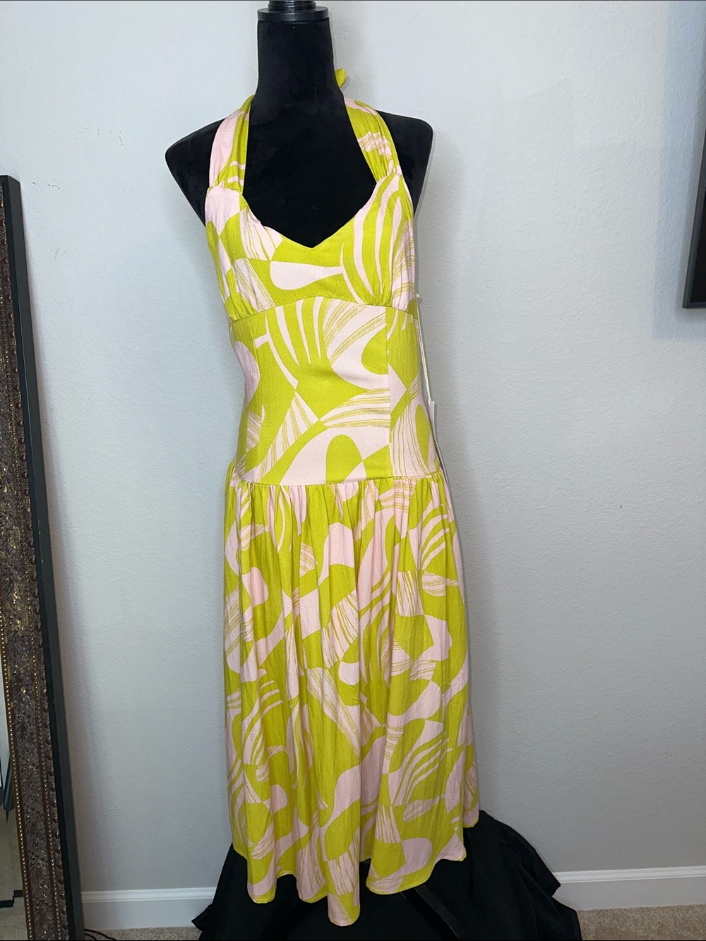 Lumiere‎ Halter Midi Dress in Lime Green and Pale Pink Abstract